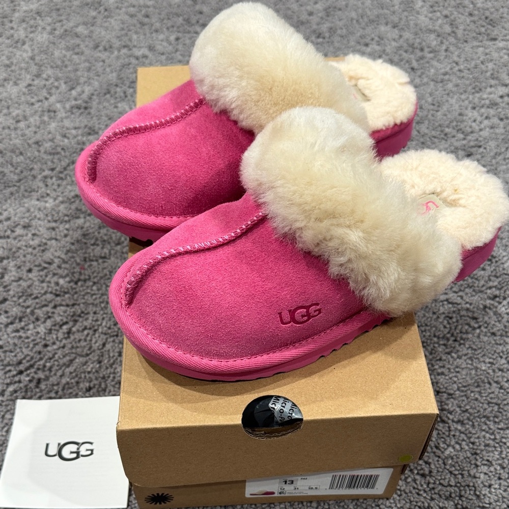 UGG Kids Cozy II Fuchsia Sheepskin Slippers with Cream Fur